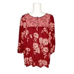 Como Vintage Crinkle Multi-Print Floral Paisley 3/4 Sleeve Peasant Top Medium